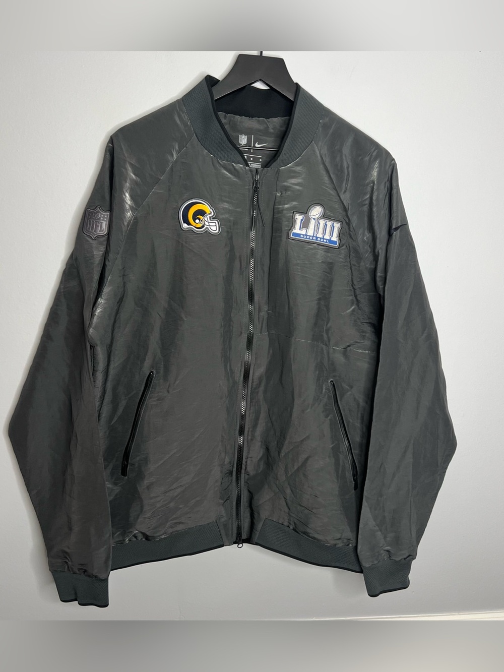 Los Angeles Rams Super Bowl LIII Media Night Bomber Jacket Mens Large Grey Nike